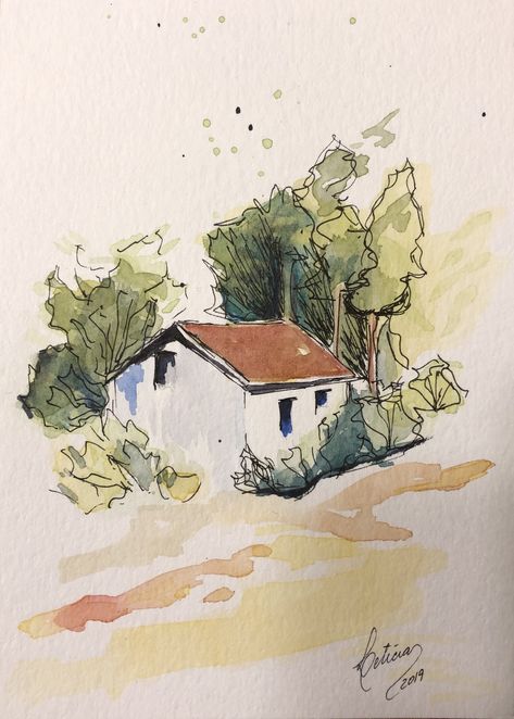 Watercolor Country Landscape, Country Watercolor Painting, Watercolor And Pen Art Landscape, Watercolor Simple Landscape, Watercolors Sketches, Easy Architecture Sketch, Country Sketches, Acrilyc Paintings Ideas, Watercolor Art Projects