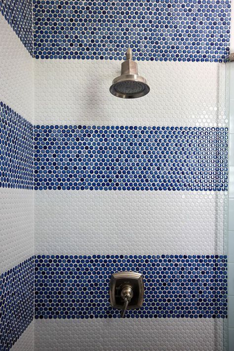 Summer As a Feeling {Details Blog} Bathroom Tile Renovation, Penny Tiles Bathroom, Blue And White Tiles, Blue Bathrooms Designs, Tile Renovation, Walk In Shower Designs, Penny Tile, Luxury Tile, Shower Tile Designs