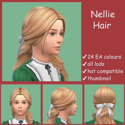 Nellie Hair A mid Victorian hairstyle for young girls that’s both historically accurate and adorable!  The bow is from the half-up hair in Cottage Living and the texture is in the same place which... Sims 4 Cc 1910s Hair, Anne With An E Sims 4 Cc, Sims 4 50s Cc Hair, Sims 4 Victorian Hair, Sims 4 1890 Cc, 1910 Hair, Romantic Updos, Kids Maxi, Sims 4 Decades Challenge