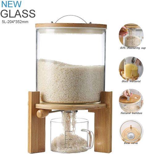 Flour and Cereal Container, Rice Dispenser 5L/8L, Creative Glass Food Storge Container for Kitchen Organization and Pantry Store, Airtight Lid and Wooden Stand5L #AD Sugar Flour Containers, Flour Container, Rice Dispenser, Rice Container, Amazon Kitchen Finds, Amazon Kitchen Must Haves, Cereal Containers, Kitchen Storage Hacks, Cereal Dispenser