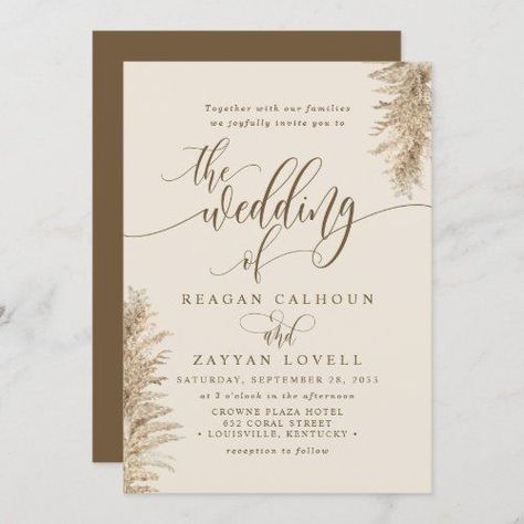 Pampas Grass Earthy Exotic Calligraphy Wedding Invitation #zazzle #weddinginvitations #birthdayinvitations #babyshowerinvitations #zazzleinvitations #monogram #businesscards #graduation #homedecor Modern Calligraphy Wedding Invitation, Bohemian Invitation, Modern Wedding Design, Free Birthday Card, Wedding Invitation Size, Wedding Anniversary Invitations, Calligraphy Wedding Invitation, Brown Wedding, Calligraphy Wedding