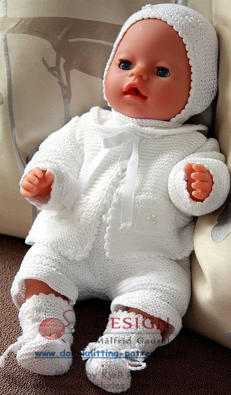 Doll knitting patterns | Knitting patterns for dolls | Knitting patterns doll | Baby Born Clothes, White Baby Dress, Knitted Doll Patterns, Baby Doll Clothes Patterns, Knitting Dolls Clothes, Doll Clothes Patterns Free, Baby Doll Pattern, Baby Jacke, Clothing Patterns Free