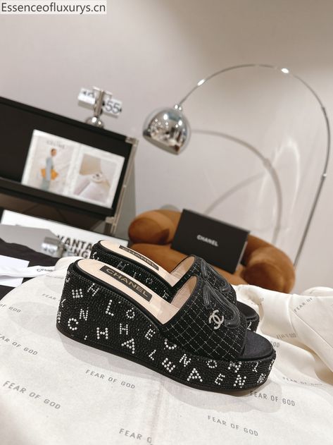 Chanel CC Logo Tweed Wedge Slide Sandals with Crystals Black Ralph And Russo Shoes, Sonic Shoes, Thom Browne Shoes, Acne Studios Shoes, Chanel Slides, Supreme Shoes, Rene Caovilla Shoes, Moschino Shoes, Roger Vivier Shoes