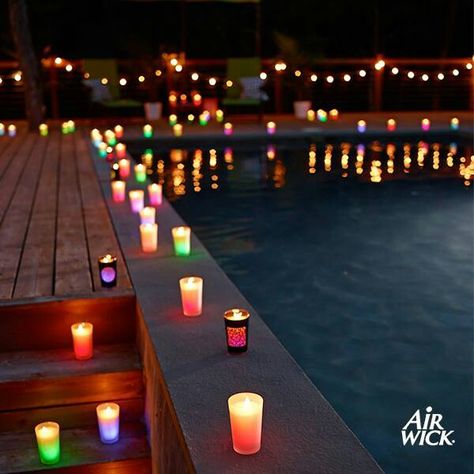 Love it!!! Beautiful! Floating Lights In Pool Birthday, Pool Party Neon Night, Evening Pool Party, Nighttime Pool Party, Pool Party Neon, Beach Engagement Party, Pool Party Dj, Pool Party Adults, Night Pool Party