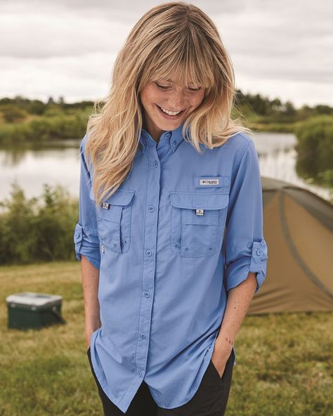 Columbia Fishing Shirt Outfit Women, Columbia Shirt Outfit Woman, Columbia Sportswear Women, Columbia Outfit Woman, Field Outfit, Hiking Shirts Women, Mandarin Collar Shirt, Columbia Shirt, Hiking Shirts