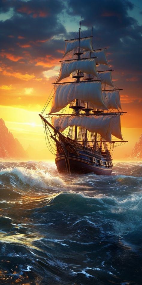 Wallpapers iPhone Pirate Ship Art, Luxury Sailing Yachts, Navi A Vela, Bateau Pirate, Pirate Ships, Hijau Mint, Old Sailing Ships, Sailing Adventures, Sailing Vessel