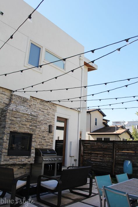 Backyard String Lights, Blue String Lights, Outdoor Lighting Design, Restaurant Patio, Patio String Lights, Backyard Lighting, How To Hang, Cafe Lights, Outdoor Patio Lights