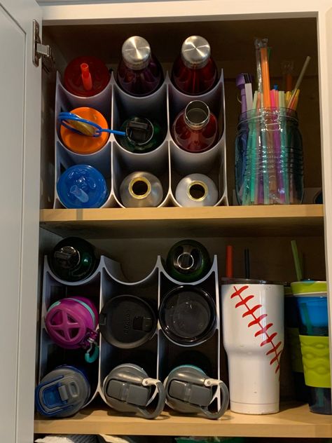 Water Bottle Storage - Gain From Grace Lids Organization Ideas, Gatorade Bottle Storage, How To Store Yeti Cups In Kitchen, Drinking Straw Storage Ideas, Pantry Water Bottle Storage, Blender Bottle Storage, Drinks Storage Ideas, How To Organize Water Bottles, Water Bottle Storage Diy