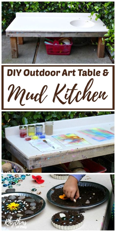 DIY outdoor art table and mud pie kitchen for backyard play and homeschool projects in the spring and summer. We use our backyard mud kitchen for projects of all kinds includingarts, crafts, mud pies, gardening, STEAM projects, nature study, sensory acti Railing Table, Mud Pie Kitchen, Grilling Station, Diy Locker, Mud Pies, Diy Bench Outdoor, Diy Wainscoting, Diy Mud Kitchen, Steam Projects