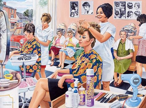 "The Hairdresser" ~ a 500 piece Happy Days At Work 14 jigsaw puzzle by Ravensburger Puzzles. Artist: Trevor Mitchell© Vintage Hairdresser, Vintage Beauty Salon, Vintage Hair Salons, Beauty Appointment, Hairdresser Salon, Nostalgic Art, 500 Piece Jigsaw Puzzles, Twitter Headers, Hair Rollers