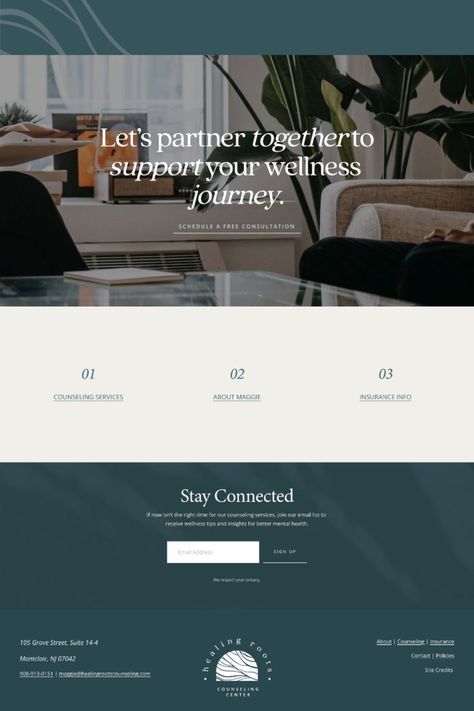 Custom branding and website design for Healing Roots Counseling Center in New Jersey. Therapy Website Design, Therapy Website, Brand Strategy Design, Coach Website, Strategy Design, Office Space Design, Private Practice, Good Mental Health, Address Sign