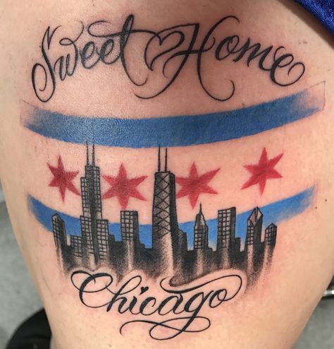 #chicagoskyline #chicagoskylinetattoo #chicagoflagtattoo #chicago  #sweethomechicago #tattoo Chicago Marathon Tattoo, Chicago Tattoo Ideas, Chicago Flag Tattoo, Chicago Skyline Tattoo, Left Tattoo, 3d Tattoo Ideas, Marathon Ideas, Cool Aesthetic Tattoos, Skyline Tattoo