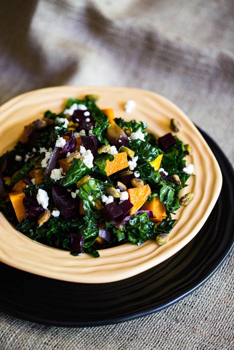 Winter Salad Ideas, Salad With Roasted Butternut Squash, Tuscan Kale Salad, Tuscan Kale, Maple Vinaigrette, Roasted Onions, Winter Vegetables, Salad Ideas, Winter Salad