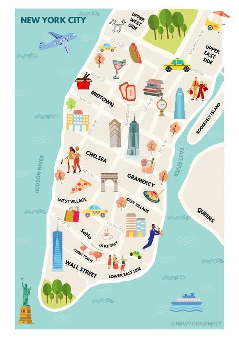 Nyc Icons, City Maps Illustration, New York Illustration, Nyc Itinerary, Mode Hip Hop, Manhattan Map, Nyc Map, New York City Vacation, Roosevelt Island