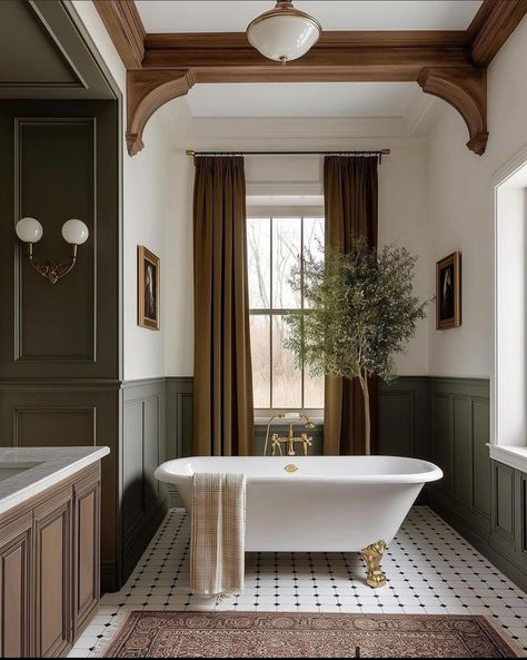 Moody Scandinavian Bathroom, Moody Green Tile Bathroom, Master Bath With Fireplace, Modern Farmhouse Bathroom Ideas Design Master Bath, Green Master Bath Ideas, Under Stairs Powder Room, Modern European Bathroom, Country Master Bath, Gold Accents Bathroom