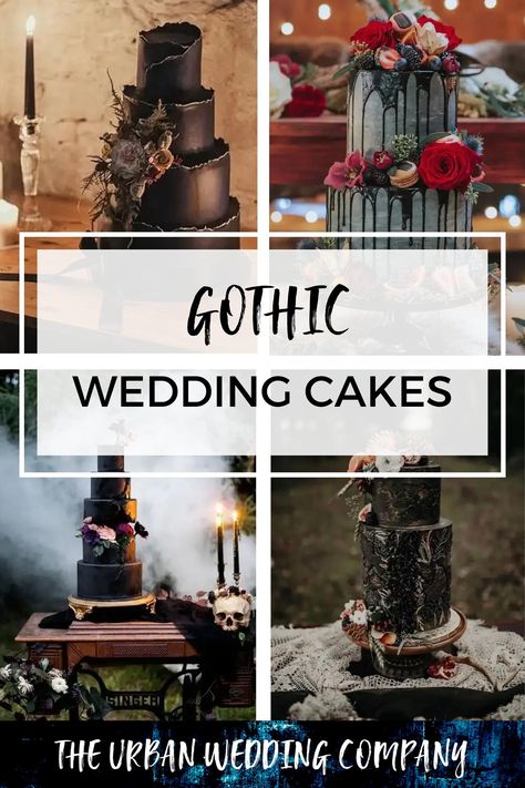 4 different gothic wedding cakes Wedding Cake Dark, Halloween Wedding Centerpieces, Gothic Wedding Cake, Gothic Cake, Dark Romantic Wedding, Gothic Wedding Theme, Halloween Wedding Cakes, Goth Bride, Moody Boho