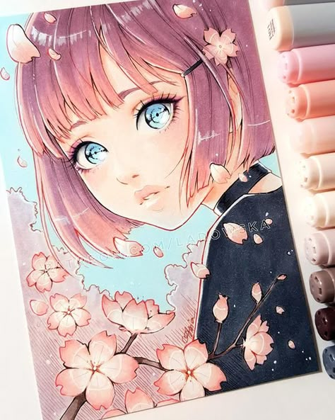 Asia Ladowska, Copic Marker Art, Copic Art, Drawing Flowers, Copic Marker, Girl Drawings, Anime Drawing, Marker Art, Copic Markers