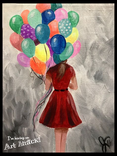 Girl with balloons. Painting Of Balloons, Balloons Drawing, How To Draw Balloons, Woman In Red Dress, Drawing Scenery, Portfolio Project, Balloon Illustration, Balloon Painting, Drawing Lessons For Kids