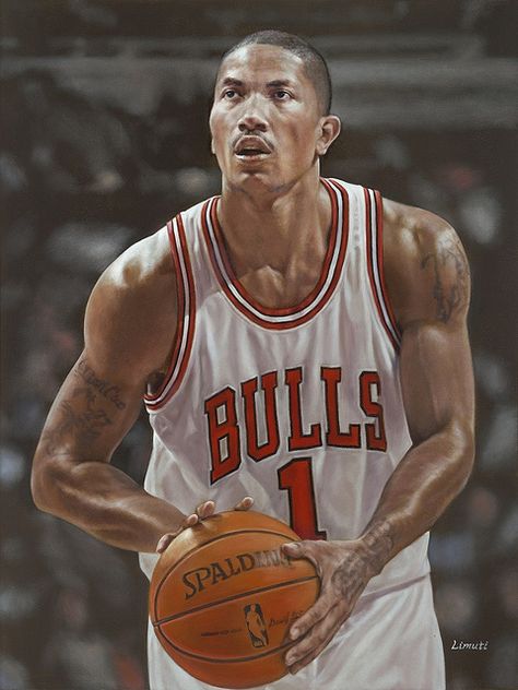 Derrick Rose of the Chicago Bulls by Garry Limuti. Original oil painting on canvas. Derrick Rose Black And White, Nba Black And White Wallpaper, Drose Bulls Wallpaper, Derick Rose Wallpaper, Derrick Rose Aesthetic, Nba Black And White, Derrick Rose Wallpapers, Rose Bulls, Nba Bulls