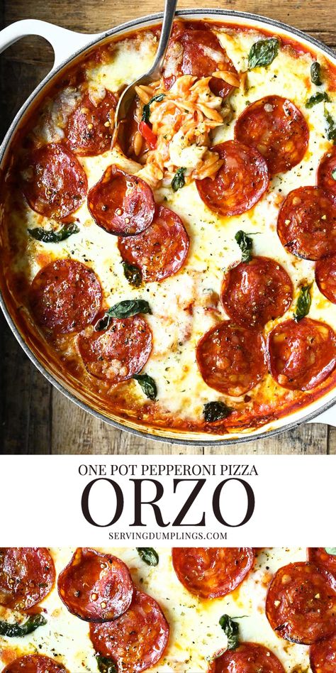 Pizza Orzo, Crispy Pepperoni, Serving Dumplings, Pepperoni Pasta, Pizza Pasta Bake, Pepperoni Recipes, Cheesy Pasta Bake, Orzo Recipes, Pizza Casserole