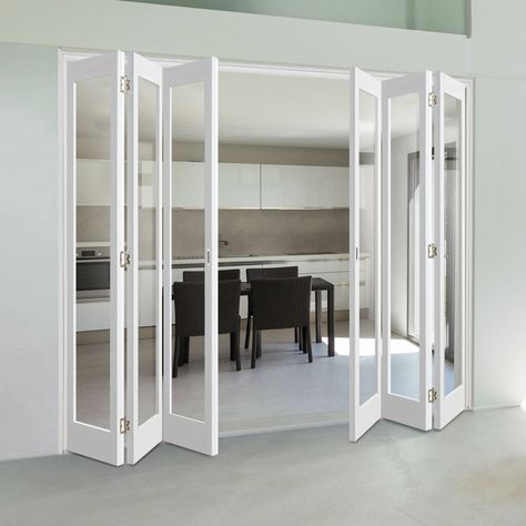 Bespoke Slimline 3+3 Folding Marston White Doors - Clear Glass - Prefi Folding Door Design, Folding Doors Ideas, Folding Doors Internal, Internal Folding Doors, Folding Doors Interior, Door Design Ideas, Door Dividers, Sliding Folding Doors, Folding Glass Doors