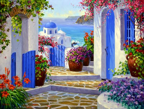 Mediterranean Paintings, Mikki Senkarik, Greece Painting, Greek Paintings, Mediterranean Art, Biome, Creative Painting, Mural Wall Art, Painting Art Projects