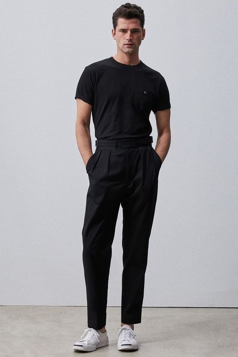 Black Tshirt Black Pants Outfit Men, Tucked In Tshirt Men Outfits, Tshirt Pants Outfit Man, Night Out Mens Outfits, Black Glam Outfit Men, Tucked Tshirt Men Outfit, Men’s Black Trousers Outfit, Mens Black T Shirt Outfits, All Black Outfit For Party Night Men