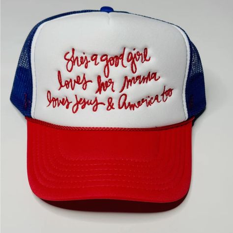 Red White And Blue! Brand New Trucker Hat. Free Fallin’. Blue Trucker Hat, College Hats, Girl Trucker, Animal Print Swimsuit, Funny 4th Of July, Red Knit Sweater, Mom Hats, Pink Beanies, Stylish Hats