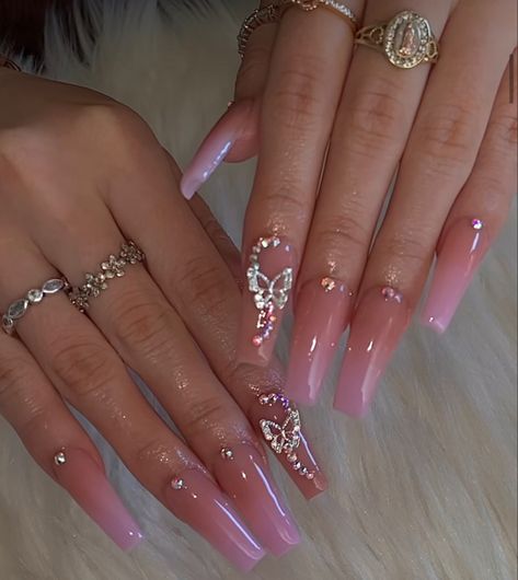 Blush Pink Nails Prom, Pink Glamour Nails, Pink Nails W Gems, Pink Theme Nails, Blush Pink Acrylic Nails, Cute Nails With Gems, Pink Nails For Prom, Nail Designs Gems, Birthday Nails Aries