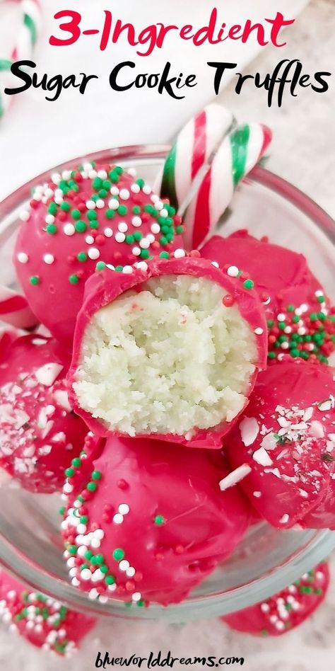 These no-bake sugar cookie truffles are made with only 3 ingredients! An easy and delicious treat for any holiday. Decorate these truffles for any occasion, they are the perfect sweet bite at your family gathering, potluck or holiday edible gift. #sugarcookietruffles #sugarcookie #cookierecipes #cookiedecorating #nobake#christmas #christmasrecipe #easyrecipe No Bake Candy Recipes, Christmas Sugar Cookie Truffles, Sugar Cookie Truffles Recipe, No Bake Christmas Treats Easy, Christmas No Bake Cookies, Sugar Cookie Truffles No Bake, Easy Xmas Cookies, Easy Christmas Goodies, Two Ingredient Truffles