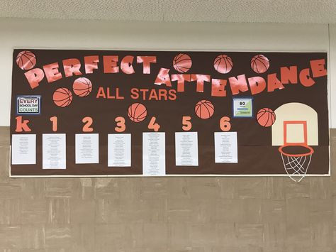 Perfect Attendance Basketball themed Bulleting Board Perfect Attendance Bulletin Board Ideas, School Attendance Bulletin Board, Attendance Competition Bulletin Board, School Wide Attendance Bulletin Board, Attendance Challenge Ideas, School Attendance Board Ideas, Perfect Attendance Bulletin Board, Attendance Bulletin Board Ideas, Attendance Bulletin Board