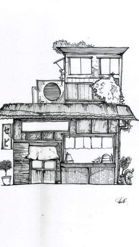 Japanese House Drawing, Fluffy Black Cats, Fluffy Black Cat, Cityscape Drawing, Fluffy Cats, Shop Drawing, Japanese Shop, Building Drawing, Just Ink