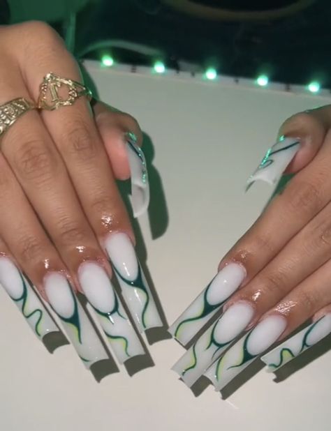 Cute Nails Acrylic Green And White, Green Black And White Nails, Green Black And White Acrylic Nails, White Green Marble Nails, Y2k Nails Green And Black, Green Trippy Nails, Business Nails, Green Acrylic Nails, Cow Nails