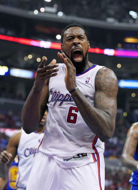 Los Angeles Clippers center DeAndre Jordan celebrates after scoring during the first half in Game 1 of an opening-round NBA basketball playoff series against the Golden State Warriors, Saturday, April 19, 2014, in Los Angeles. (AP Photo/Mark J. Terrill) Deandre Jordan, Basketball Playoffs, La Clippers, Los Angeles Clippers, Pro Sports, April 19, Nba Basketball, Golden State Warriors, Golden State