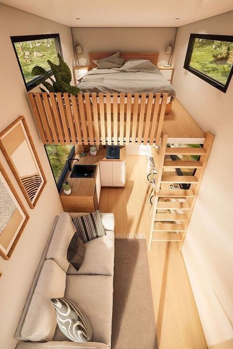 Join us and discover de best selection of luxury home decor design inspirations at luxxu.net #homedecor #interiordesign #smallhouses #decortips #decoration Tiny House Bedroom, Tiny House Interior Design, Tiny House Loft, House Loft, Tiny House Inspiration, Modern Tiny House, Loft House, Tiny House Decor, Tiny House Interior