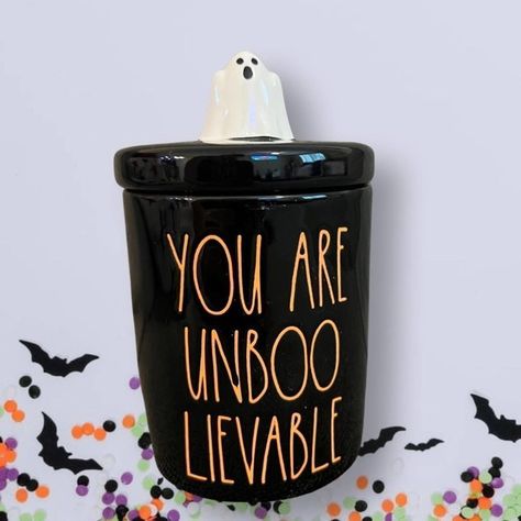 This Listing Is For A Nwt’s Rae Dunn Halloween Jar That Says “You Are Unboolievable.” The Ceramic Black Jar Has A Ghost On The Lid. Measurements: 4in Diameter X 5in. Good Witch Halloween, Halloween Juice, Pumpkin Tea Lights, Pumpkin Carver, Holiday Planter, Halloween Jars, Rae Dunn Halloween, Pumpkin Tea, Halloween Travel