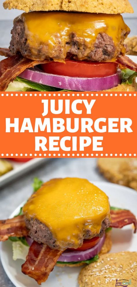 hamburger with cheese and bcon Juicy Hamburger Recipe, Burgers On The Stove, Classic Hamburger, Burgers On The Grill, Homemade Burger Recipe, Burger Grill, Hamburger Recipes Patty, Hamburger Recipe, Juicy Hamburgers