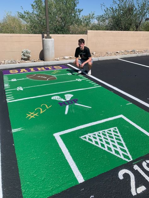 #seniorparking Football Parking Spot Painting, Soccer Senior Parking Spots, Parking Spot Painting, Spot Painting, Senior Football, Parking Spot, Senior Year, Lacrosse, Football Players