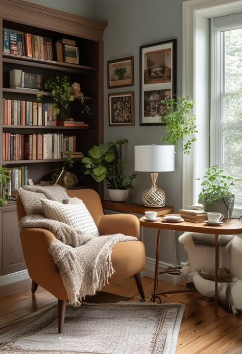 Cozy Corner Creations: Inspiring Reading Nook Ideas - Bookshelf Corner Living Room, Small Library Ideas, Bookshelf Corner, Small Library, Cozy Home Library, Reading Nook Ideas, Reading Rooms, Reading Space, Nook Ideas