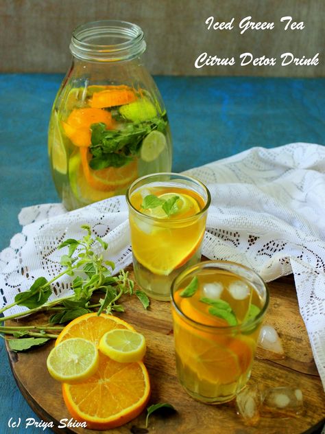 Citrus Iced Green Tea Recipe - PRIYA KITCHENETTE Iced Green Tea Recipe, Sparkling Strawberry Lemonade, Ginger Detox, Green Tea Lemon, Green Tea Recipes, Iced Green Tea, Orange Tea, Lemon Mint, Herbal Teas