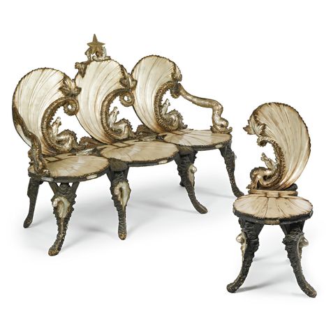 A Venetian ebonized, parcel-gilt, parcel-silvered and polychrome-painted carved grotto suite 19th century Venetian Furniture, Furniture Design Table, Bar Restaurant Interior, Walnut Armchair, Gothic Furniture, Italian Interior, Luxury House Interior Design, Luxury Chairs, Carved Furniture