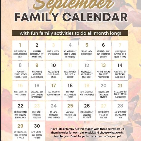 Ready for some family fun this September? 📅 Screenshot our September Family Fun Calendar and see how many activities your family can complete! From outdoor adventures to cozy at-home projects, there's something for everyone to enjoy. 🌟 Challenge yourselves to make this month memorable with laughter, learning, and quality time together! 💛 Tag us in your family moments! #SeptemberFamilyFun #FamilyActivities #FamilyChallenge #FunWithFamily #FallFun #PumpkinPatch Family Fun Calendar, Fun Calendar, September Goals, September Challenge, Family Challenge, Wildlife Day, Cool Calendars, Family Calendar, Parents Day