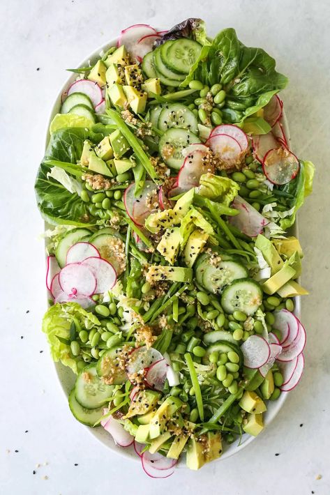 Asian Green Bean Salad, Asian Greens Salad, Asian Mixed Green Salad, Green Asian Salad, Ginger Sesame Dressing, Miso Salad, Asian Green Beans, Asian Greens, Ginger Salad