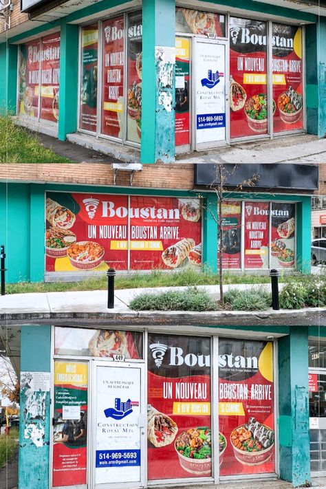 Temporary window graphics "Opening soon" designed, printed and installed for the new restaurant Boustan in Parc Extension. Windows Ideas, Store Branding, Fast Food Menu, Window Graphics, New Restaurant, Window Vinyl, Opening Soon, Window Display, Door Design