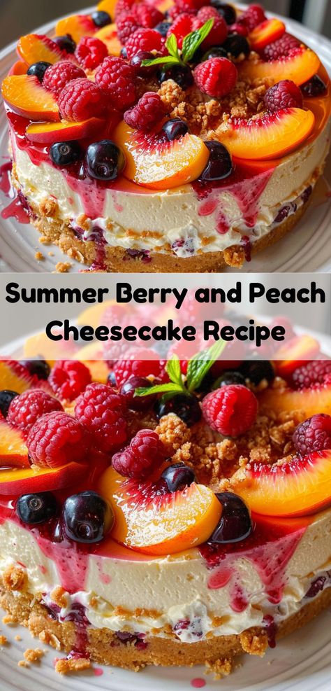 Need a summer dessert idea? Our Summer Berry and Peach Cheesecake Recipe is easy and delicious. Ideal for fans of peach recipes desserts. Summer Cheesecake, Berry Cheesecake Recipes, Peach Cake Recipes, Peach Cheesecake, Peach Dessert Recipes, Mini Cheesecake Recipes, Peach Recipes, Berry Cheesecake, Peach Cake