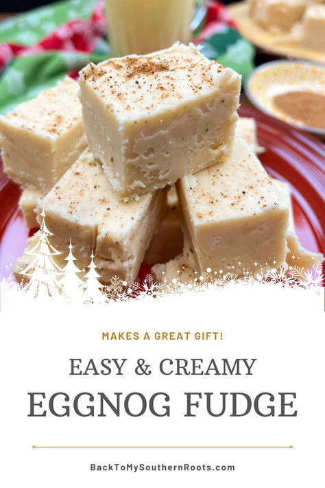 Eggnog Fudge Recipe, Holiday Themed Desserts, Rich Holiday, Eggnog Fudge, Creamy Eggnog, Homemade Snickers, Themed Desserts, Marshmallow Creme, Easy No Bake Desserts