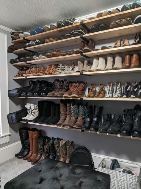 Boots Shelves, Floating Shelves For Shoes, Shoe Shelves In Closet, Diy Shoe Shelves, Floating Shoe Shelves, Diy Shoe Organization, Shoe Shelving, Shoe Shelf Diy, Shoe Shelf In Closet