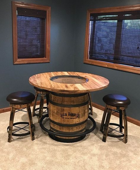 Whiskey Barrel Table, Jack Daniels Whiskey Barrel, Wine Barrel Table, Wood Benches, Whiskey Barrel Furniture, Barrel Decor, Barrel Bar, Wine Barrel Furniture, Basement Bar Designs