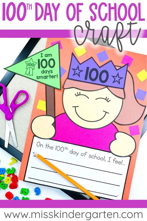 Time to celebrate the 100th day of school! This craft is adorable and the perfect bulletin board display for being 100 days smarter. Use with a writing prompt to get students excited about their learning. 100th Day Of School Crafts, Kindergarten Craft, Kindergarten Morning Work, Writing Craftivity, Miss Kindergarten, School Writing, Kindergarten Lesson Plans, School Craft, Kindergarten Lessons