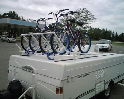 Pop Up Camper Bike Rack, Camper Bike Rack, Bike Roof Rack, Tent Trailer Remodel, Camper Inspiration, Tent Trailers, Pop Up Camper Trailer, Popup Camper Remodel, Pop Up Tent Trailer